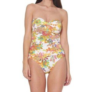 BLEU Rod Beattie Shirred Bandeau Swimsuit White Tropical Floral Size 6